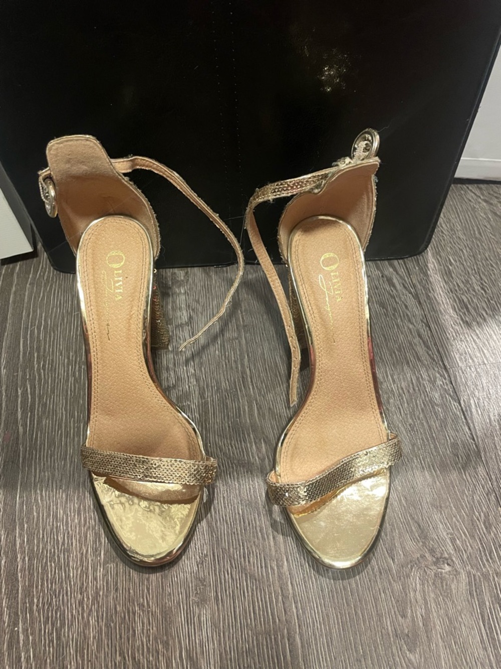 Qupid Metallic Gold Ankle-Strap Heeled Sandals